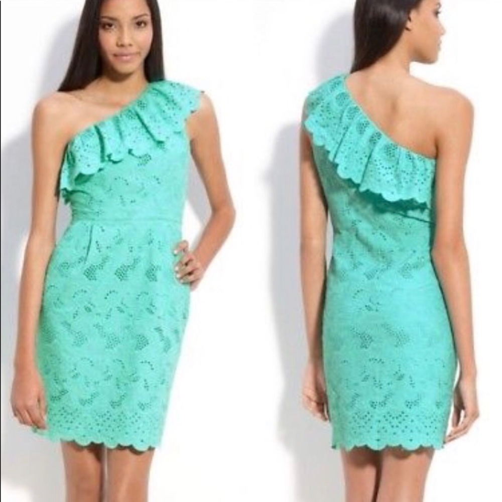 Eliza J One Shoulder Ruffle Eyelet Dress - size 6